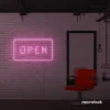 Open neon sign in baby pink for storefronts, salons, restaurants, and retail displays.