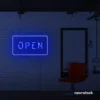 Open neon sign in dark blue for storefronts, salons, restaurants, and retail displays.