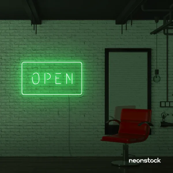 Open neon sign in green for storefronts, salons, restaurants, and retail displays.