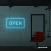 Open neon sign in ice blue for storefronts, salons, restaurants, and retail displays.