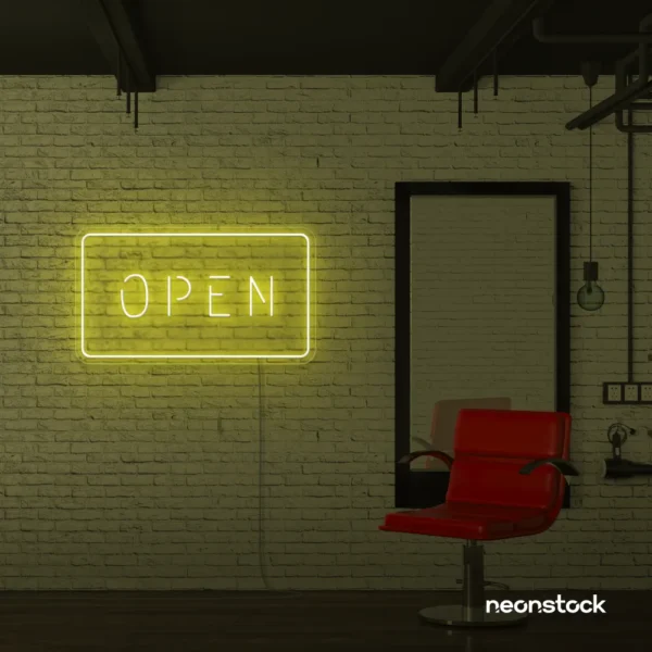 Open neon sign in lemon yellow for storefronts, salons, restaurants, and retail displays.