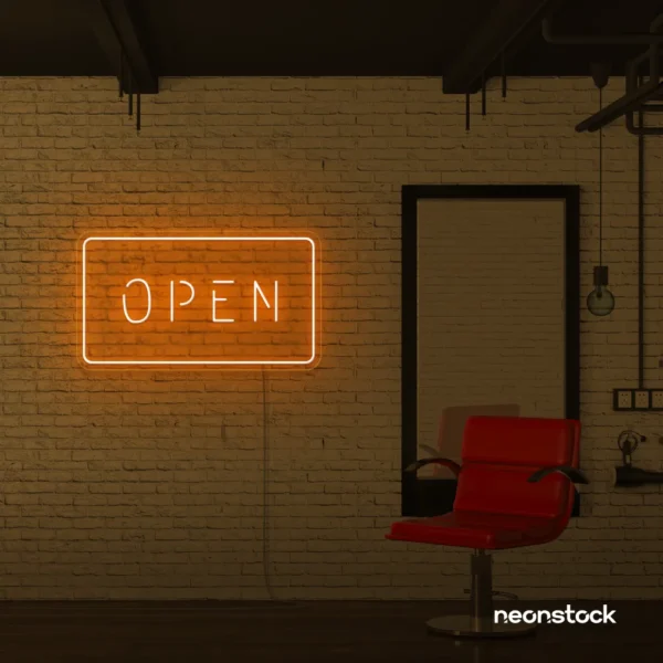 Open neon sign in orange for storefronts, salons, restaurants, and retail displays.