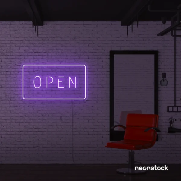 Open neon sign in purple for storefronts, salons, restaurants, and retail displays.