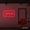 Open neon sign in red for storefronts, salons, restaurants, and retail displays.
