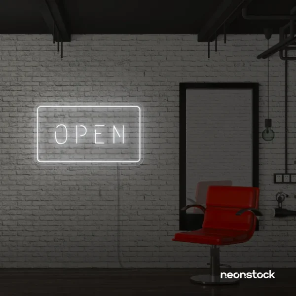 Open neon sign in white for storefronts, salons, restaurants, and retail displays.