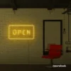 Open neon sign in golden yellow for storefronts, salons, restaurants, and retail displays.
