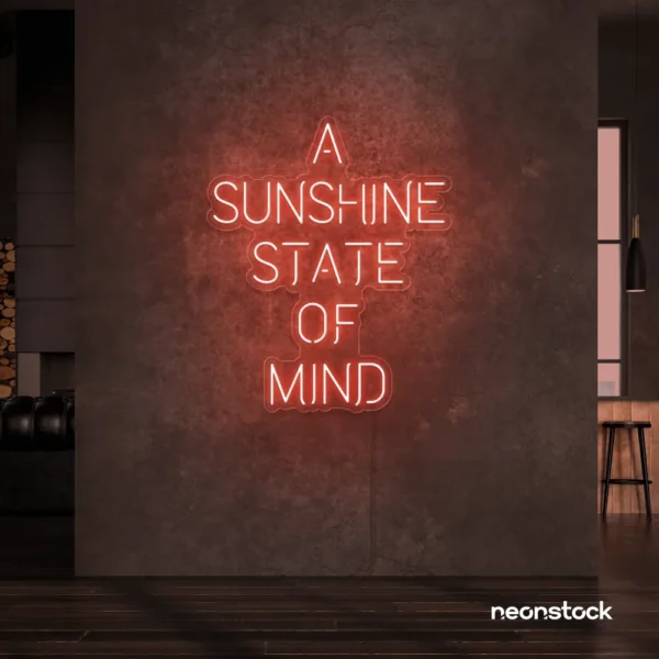 A Sunshine State of Mind neon sign in peachy pink for beachy decor, positive vibes, and cozy spaces.
