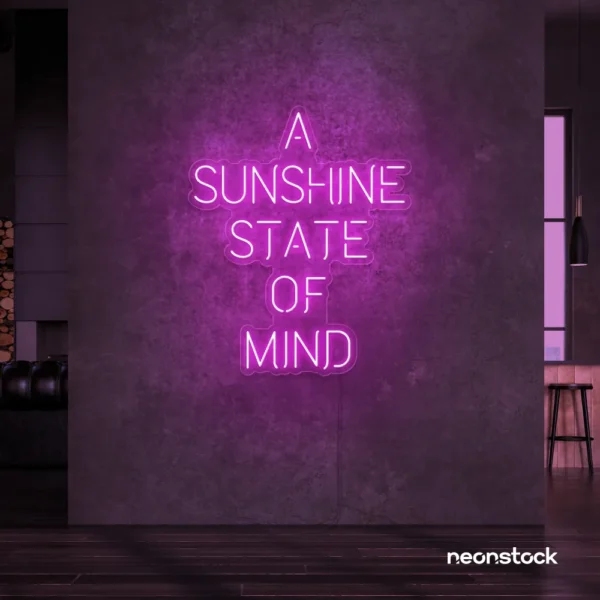 A Sunshine State of Mind neon sign in pink for beachy decor, positive vibes, and cozy spaces.