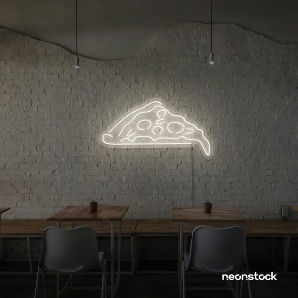 Pizza slice neon sign in neutral white for pizzerias, fast food joints, and restaurant wall decor.