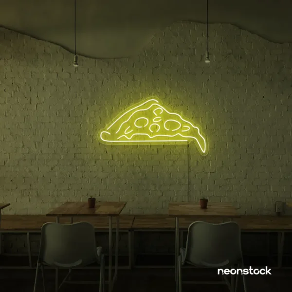 Pizza slice neon sign in lemon yellow for pizzerias, fast food joints, and restaurant wall decor.