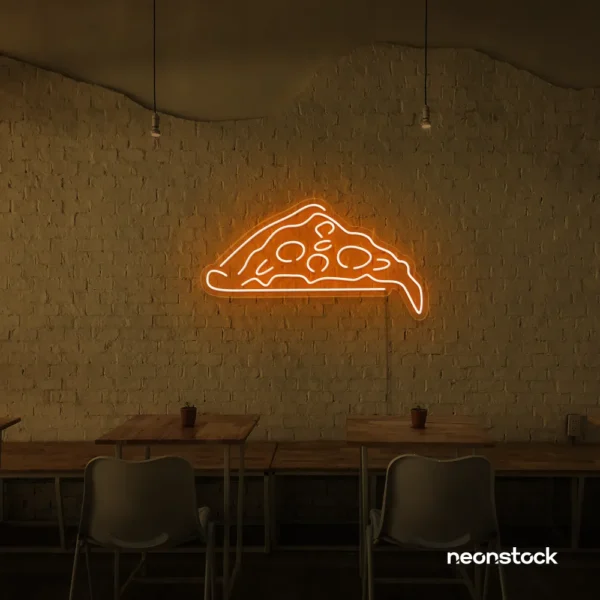 Pizza slice neon sign in orange for pizzerias, fast food joints, and restaurant wall decor.