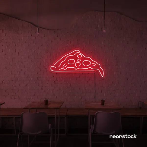 Pizza slice neon sign in red for pizzerias, fast food joints, and restaurant wall decor.