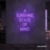 A Sunshine State of Mind neon sign in purple for beachy decor, positive vibes, and cozy spaces.