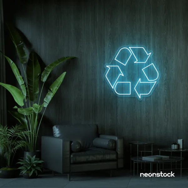 Reuse Recycle neon sign in ice blue for eco-conscious decor, sustainable spaces, and green-themed rooms