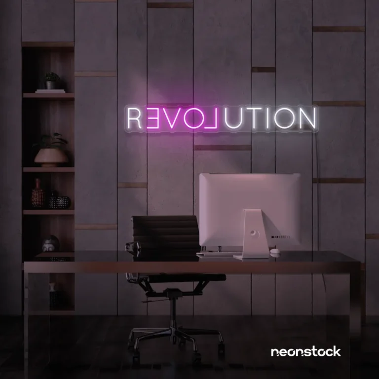 Revolution neon sign in 6 for modern wall decor, edgy interiors, and bold design themes.
