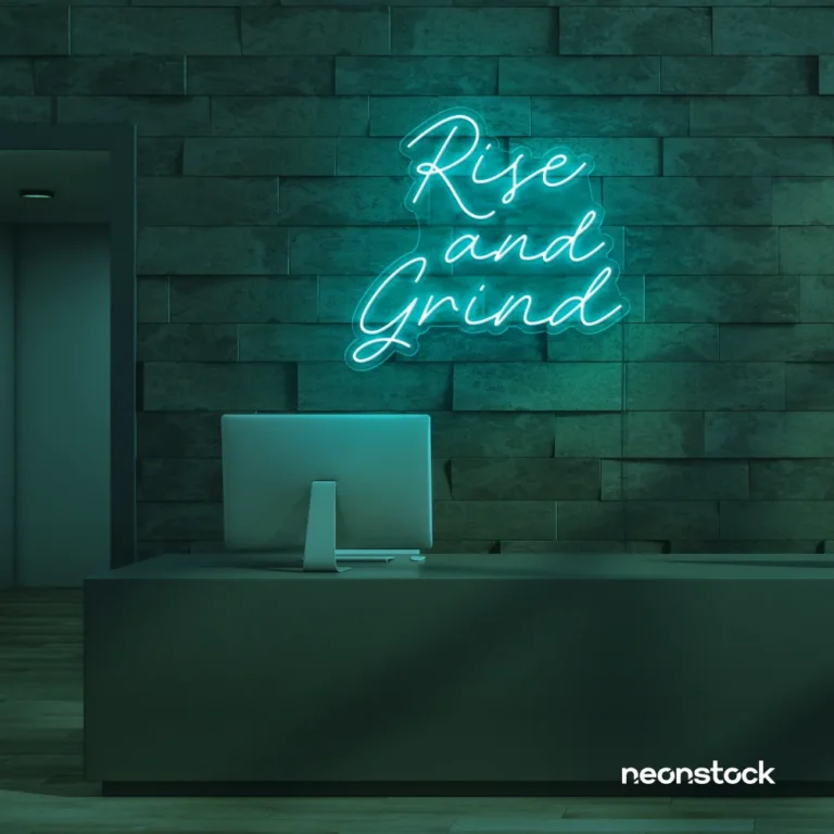 Rise and Grind neon sign in mint green for gym walls, hustle rooms, and motivational office decor.