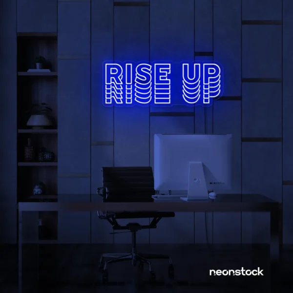 Rise Up neon sign in dark blue for gyms, empowerment decor, and motivational spaces.
