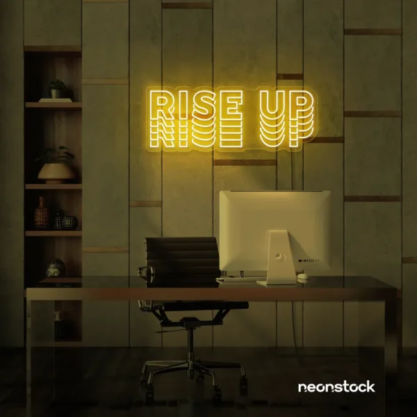 Rise Up neon sign in golden yellow for gyms, empowerment decor, and motivational spaces.