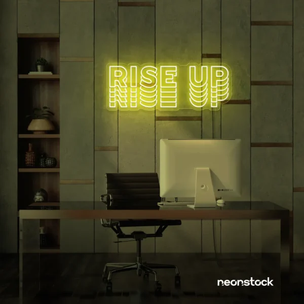 Rise Up neon sign in lemon yellow for gyms, empowerment decor, and motivational spaces.