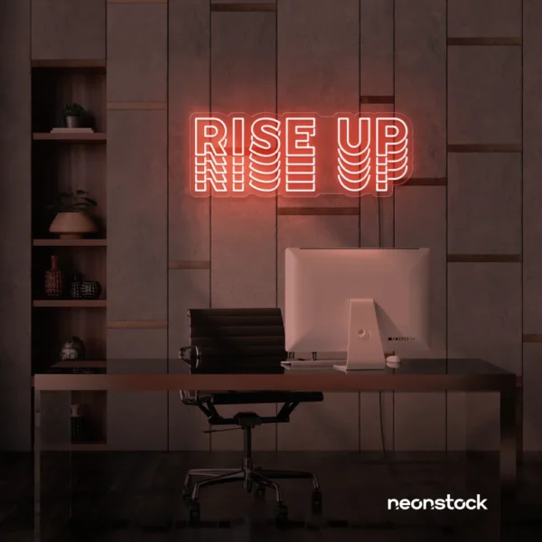 Rise Up neon sign in peachy pink for gyms, empowerment decor, and motivational spaces.