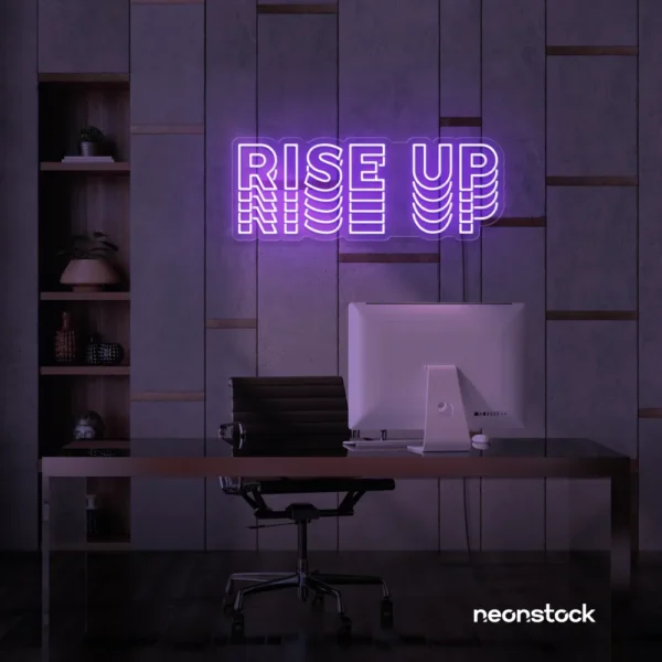 Rise Up neon sign in purple for gyms, empowerment decor, and motivational spaces.