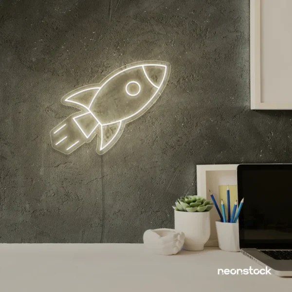 Rocket neon sign in neutral white for kids' rooms, play areas, and space-themed nursery decor.