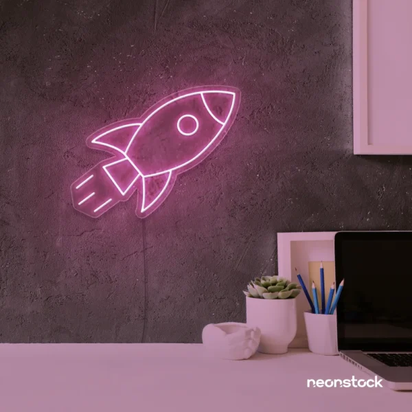 Rocket neon sign in baby pink for kids' rooms, play areas, and space-themed nursery decor.