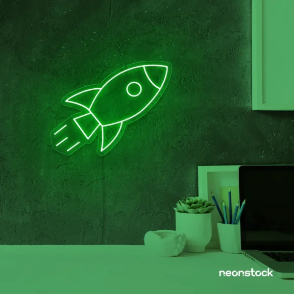 Rocket neon sign in deep green for kids' rooms, play areas, and space-themed nursery decor.