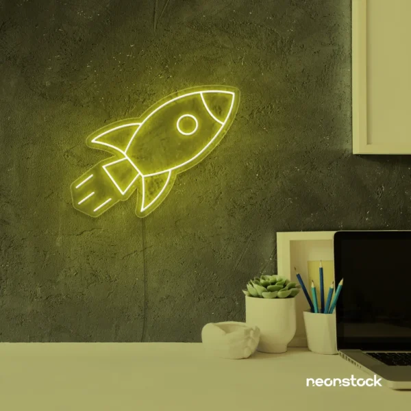 Rocket neon sign in lemon yellow for kids' rooms, play areas, and space-themed nursery decor.