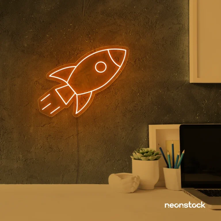 Rocket neon sign in orange for kids' rooms, play areas, and space-themed nursery decor.