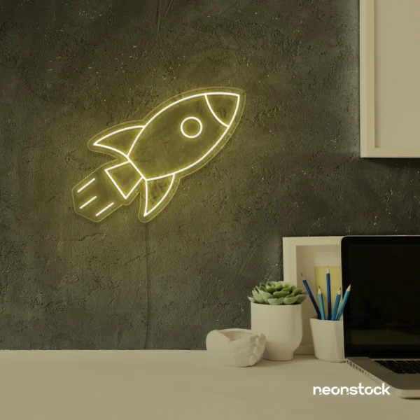 Rocket neon sign in warm white for kids' rooms, play areas, and space-themed nursery decor.