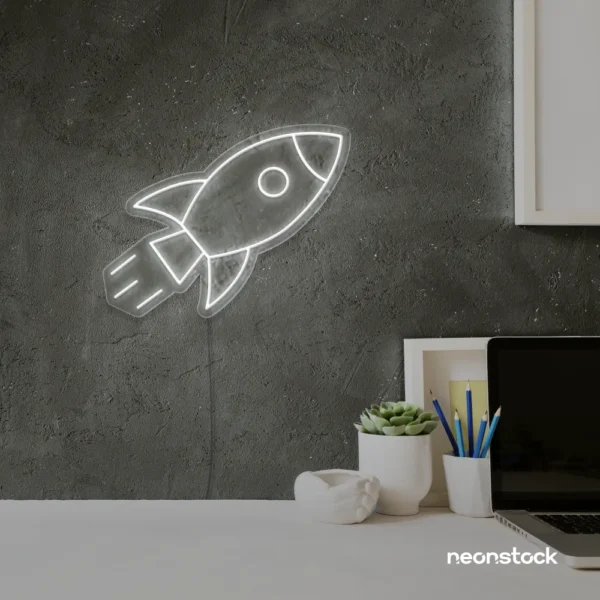 Rocket neon sign in white for kids' rooms, play areas, and space-themed nursery decor.