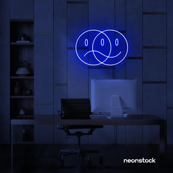 Sad happy emoji neon sign in dark blue for home wall art