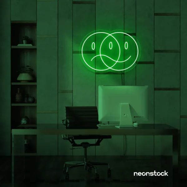 Sad happy emoji neon sign in deep green for home wall art