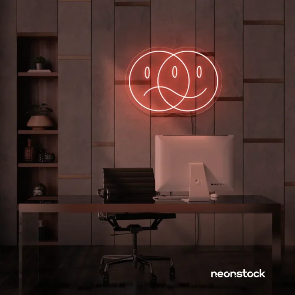 Sad happy emoji neon sign in peachy pink for home wall art