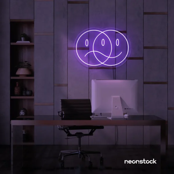 Sad happy emoji neon sign in purple for home wall art