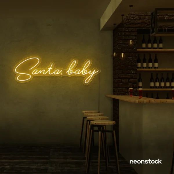 Santa Baby neon sign in golden yellow for holiday parties, Christmas decor, and festive photo backdrops.