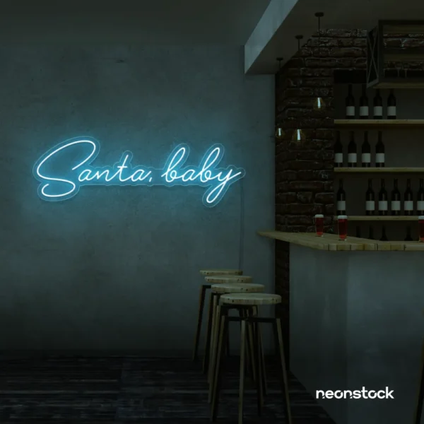 Santa Baby neon sign in ice blue for holiday parties, Christmas decor, and festive photo backdrops.