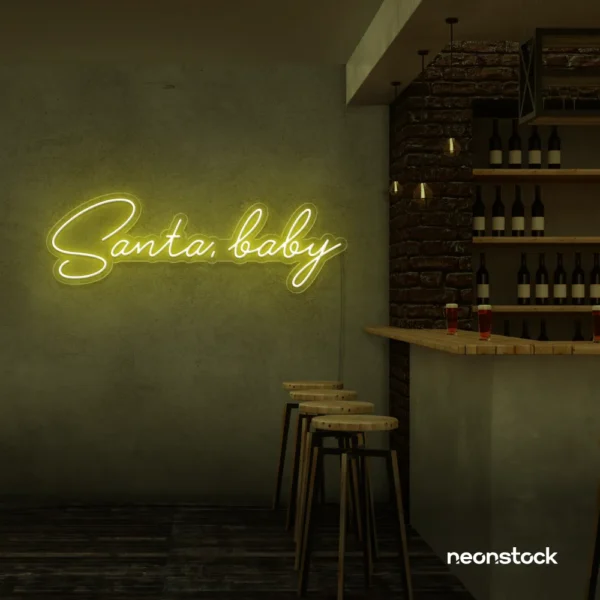 Santa Baby neon sign in lemon yellow for holiday parties, Christmas decor, and festive photo backdrops.