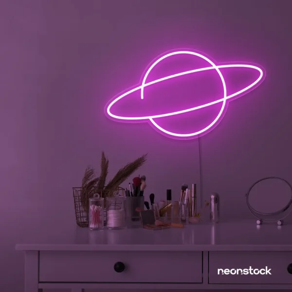 Planet neon sign in pink for kids room wall decor