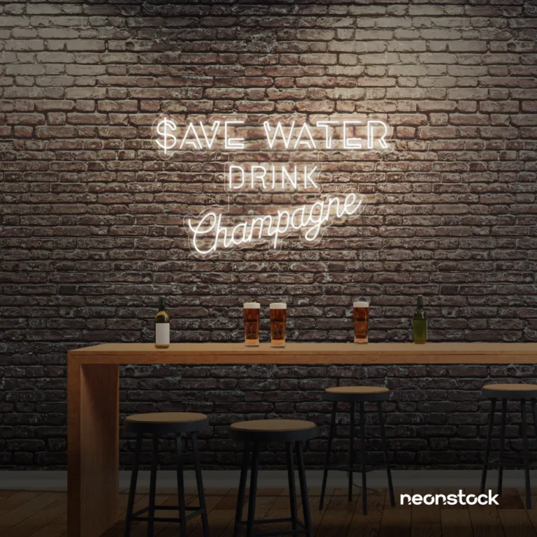 Save Water Drink Champagne neon sign in neutral white for party kitchens, wine bars, and bubbly wall decor.