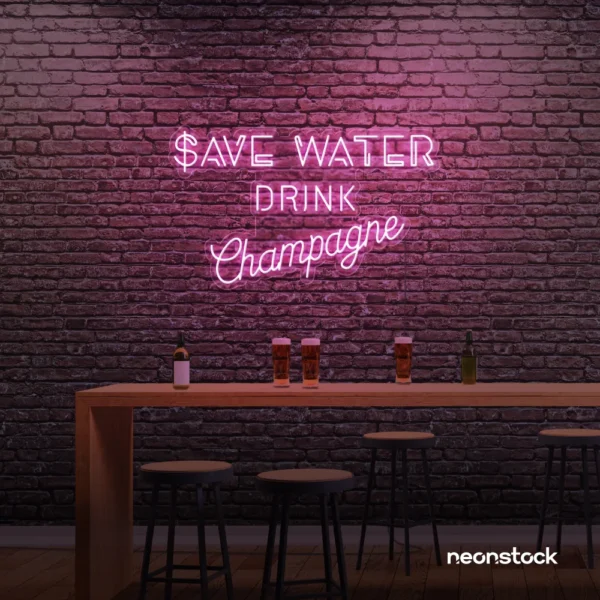 Save Water Drink Champagne neon sign in baby pink for party kitchens, wine bars, and bubbly wall decor.