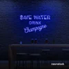 Save Water Drink Champagne neon sign in dark blue for party kitchens, wine bars, and bubbly wall decor.