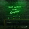 Save Water Drink Champagne neon sign in deep green for party kitchens, wine bars, and bubbly wall decor.