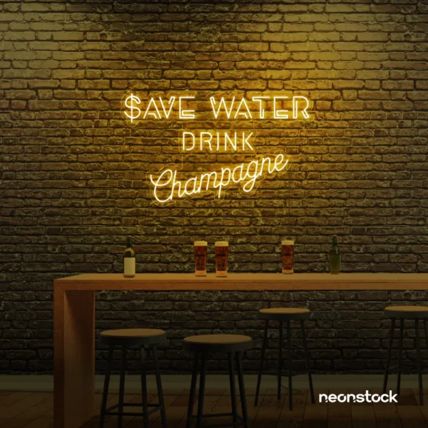 Save Water Drink Champagne neon sign in golden yellow for party kitchens, wine bars, and bubbly wall decor.