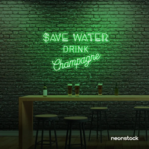 Save Water Drink Champagne neon sign in green for party kitchens, wine bars, and bubbly wall decor.