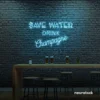 Save Water Drink Champagne neon sign in ice blue for party kitchens, wine bars, and bubbly wall decor.