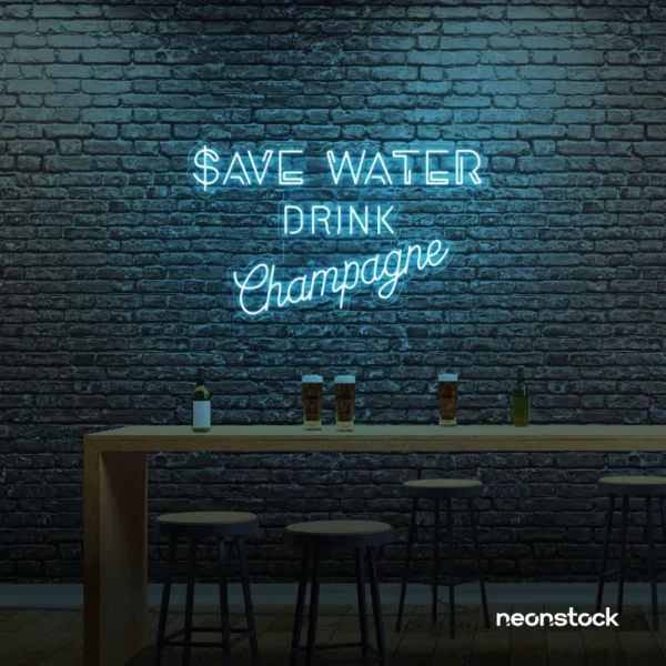 Save Water Drink Champagne neon sign in ice blue for party kitchens, wine bars, and bubbly wall decor.
