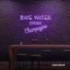 Save Water Drink Champagne neon sign in purple for party kitchens, wine bars, and bubbly wall decor.
