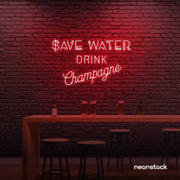 Save Water Drink Champagne neon sign in red for party kitchens, wine bars, and bubbly wall decor.